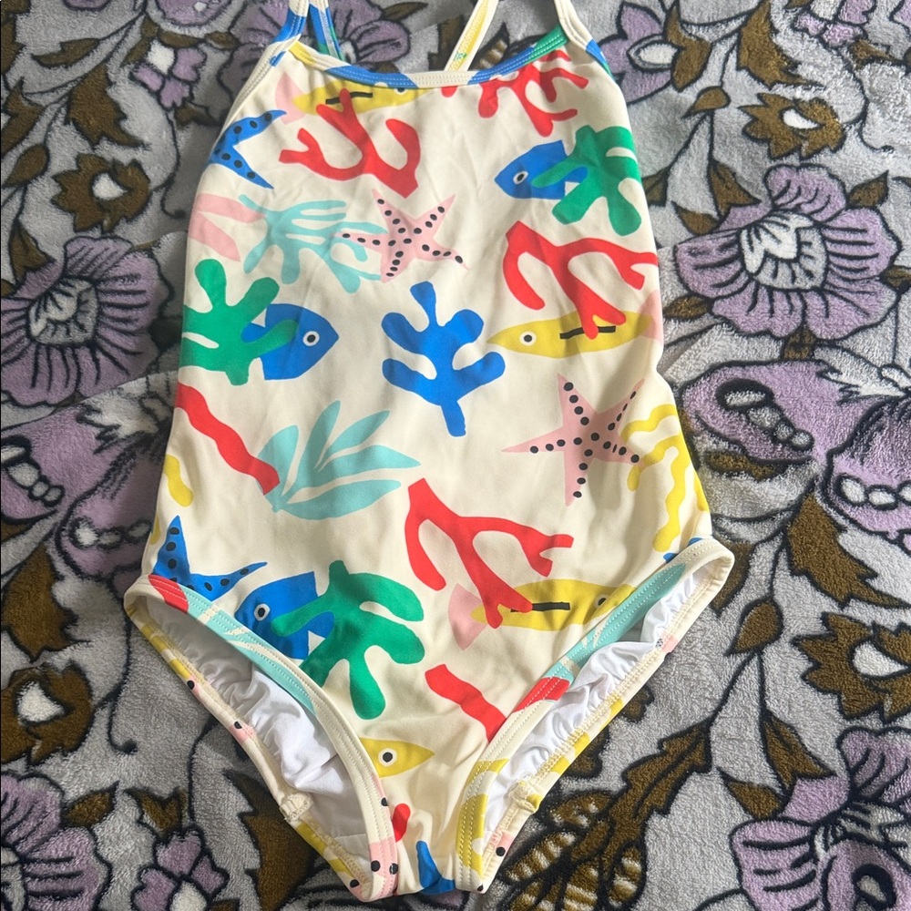 Girls' One-Piece Swimsuit with Colorful Sea Life Print - Cream Base